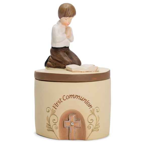5.25" Beige and Brown Cylindrical Boys First Holy Communion Keepsake Box