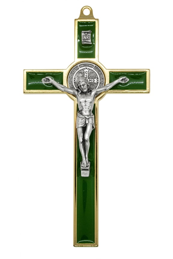 5.25" Gold-Tone St. Benedict Crucifix with Green Enamel Inlays