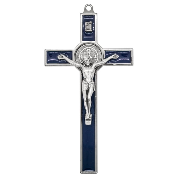 5.25" Silver-Tone St. Benedict Crucifix with Blue Enamel Inlays
