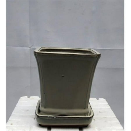 5.25 x 5.25 x 5.5 in. Beige Ceramic Bonsai Pot with Attached Humidity & Drip Tray, Square