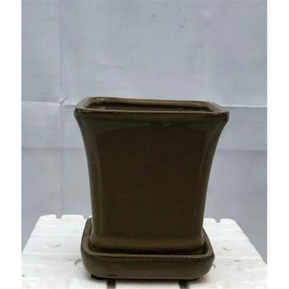 5.25 x 5.25 x 5.5 in. Olive Green Ceramic Bonsai Pot with Attached Humidity & Drip Tray, Square