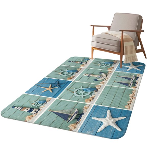 5.25'x6.56' Area Rug for Living Room, Anchor Nautical Non Slip Soft Rugs for Bedroom Dining Room, Washable Low Pile Rugs Kitchen Nursery Floor Mat Throw Carpet Wooden Starfish Rudder Vintage Art