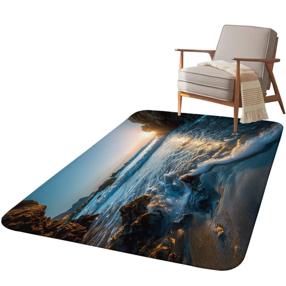 5.25'x6.56' Area Rug for Living Room, Beach Reef Non Slip Soft Rugs for Bedroom Dining Room, Washable Low Pile Rugs Kitchen Nursery Floor Mat Throw Carpet Shiny Sunset Ocean Waves Natural Seaside