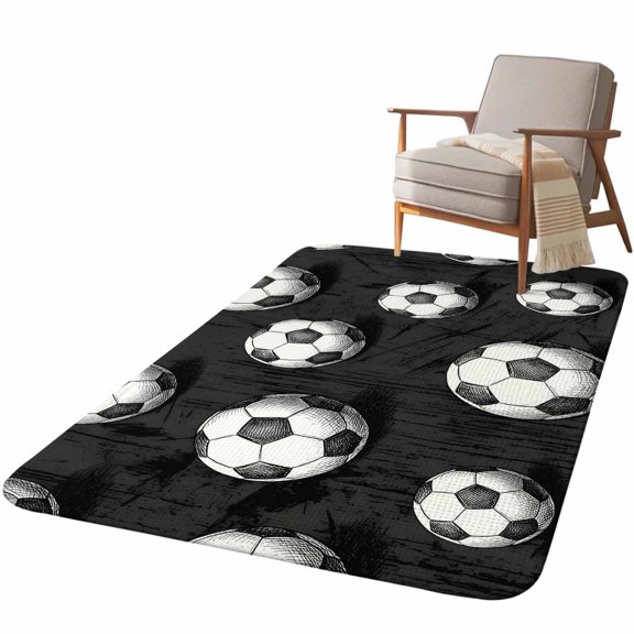 5.25'x6.56' Area Rug for Living Room, Black Footballs Non Slip Soft Rugs for Bedroom Dining Room, Washable Low Pile Rugs Kitchen Floor Mat Throw Carpet Balls Sports Games Retro Charcoal Texture