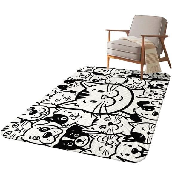5.25'x6.56' Area Rug for Living Room, Black Line Dog Cat Non Slip Soft Rugs for Bedroom Dining Room, Washable Low Pile Rugs Kitchen Nursery Floor Mat Throw Carpet Cartoon Cute Animals