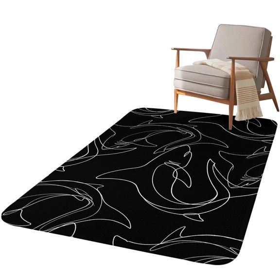 5.25'x6.56' Area Rug for Living Room, Black Shark Non Slip Soft Rugs for Bedroom Dining Room, Washable Low Pile Rugs Kitchen Nursery Floor Mat Throw Carpet Black White Line Abstract Art