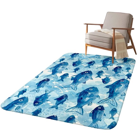 5.25'x6.56' Area Rug for Living Room, Blue Fish Non Slip Soft Rugs for Bedroom Dining Room, Washable Low Pile Rugs Kitchen Nursery Floor Mat Throw Carpet Summer Ocean Waves Vintage Gradient Coastal