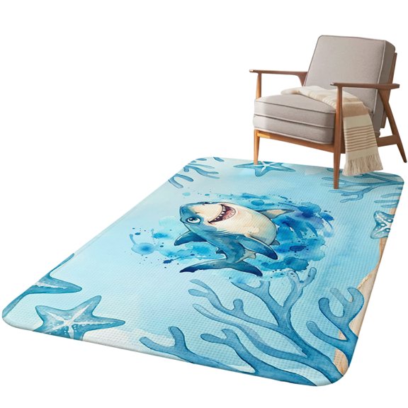 5.25'x6.56' Area Rug for Living Room, Blue Shark Coastal Non Slip Soft Rugs for Bedroom Dining Room, Washable Low Pile Rugs Kitchen Floor Mat Throw Carpet Summer Beach Starfish Coral Nautical Ocean
