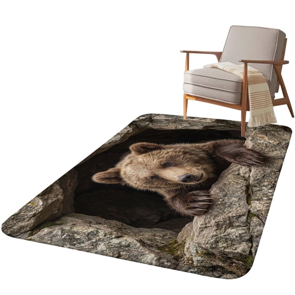 5.25'x6.56' Area Rug for Living Room, Brown Bear Non Slip Soft Rugs for Bedroom Dining Room, Washable Low Pile Rugs Kitchen Nursery Floor Mat Throw Carpet 3D Optical Illusion Wild Animals on Stones