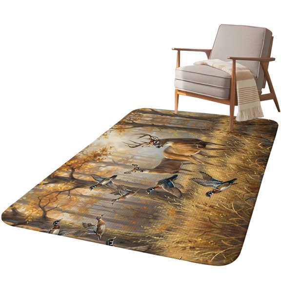 5.25'x6.56' Area Rug for Living Room, Brown Deer Birds Non Slip Soft Rugs for Bedroom Dining Room, Washable Low Pile Rugs Kitchen Floor Mat Throw Carpet Autumn Forest Trees Grass Natural Scenery