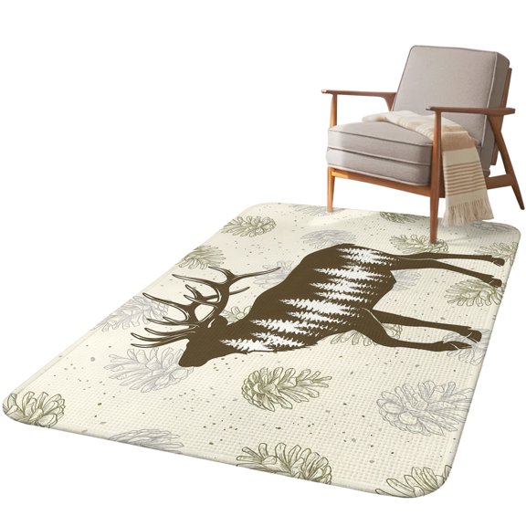 5.25'x6.56' Area Rug for Living Room, Brown Moose Non Slip Soft Rugs for Bedroom Dining Room, Washable Low Pile Rugs Kitchen Nursery Floor Mat Throw Carpet Trees Pine Cones Elegant Pastoral