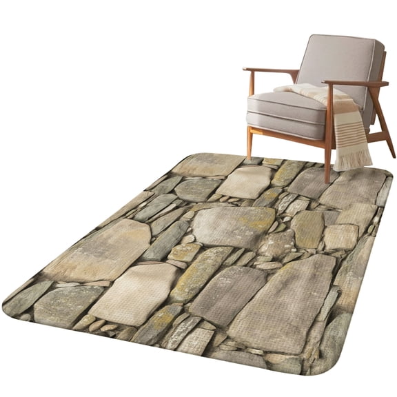 5.25'x6.56' Area Rug for Living Room, Brown Stone Wall Non Slip Soft Rugs for Bedroom Dining Room, Washable Low Pile Rugs Kitchen Nursery Floor Mat Throw Carpet Vintage Country Rocks Brick Pattern