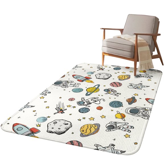 5.25'x6.56' Area Rug for Living Room, Cartoon Space Non Slip Soft Rugs for Bedroom Dining Room, Washable Low Pile Rugs Kitchen Nursery Floor Mat Throw Carpet Funny Cute Rocket Planet