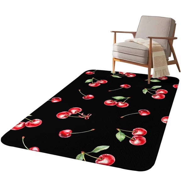 5.25'x6.56' Area Rug for Living Room, Cherry Rustic Non Slip Soft Rugs for Bedroom Dining Room, Washable Low Pile Rugs Kitchen Nursery Floor Mat Throw Carpet Spring Summer Tropic Fruit Black