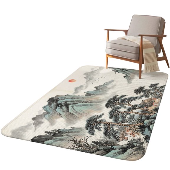 5.25'x6.56' Area Rug for Living Room, Chinese Ink Painting Non Slip Soft Rugs for Bedroom Dining Room, Washable Low Pile Rugs Kitchen Nursery Floor Mat Throw Carpet Vintage Mountain Pine Trees
