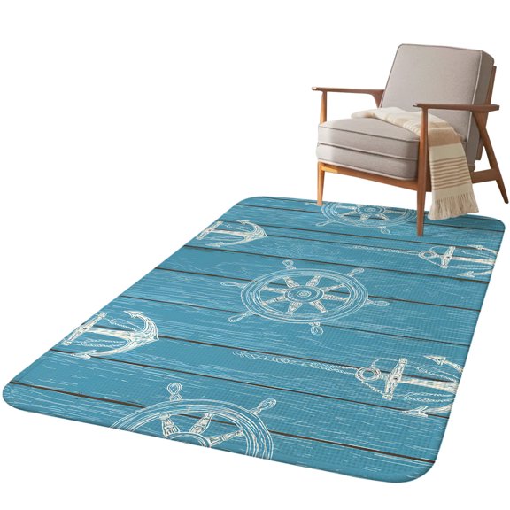5.25'x6.56' Area Rug for Living Room, Coastal Anchors Non Slip Soft Rugs for Bedroom Dining Room, Washable Low Pile Rugs Kitchen Nursery Floor Mat Throw Carpet Blue Nautical Ship Farmhouse Ocean Wood