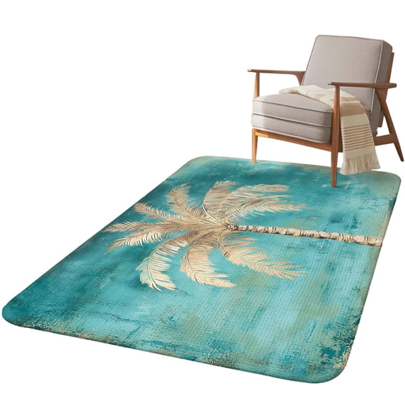 5.25'x6.56' Area Rug for Living Room, Coastal Beach Tree Non Slip Soft Rugs for Bedroom Dining Room, Washable Low Pile Rugs Kitchen Floor Mat Throw Carpet Vintage Teal Brown Tropical Palm Tree