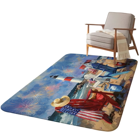 5.25'x6.56' Area Rug for Living Room, Coastal Indenpendence Day Non Slip Soft Rugs for Bedroom Dining Room, Washable Low Pile Rugs Kitchen Nursery Floor Mat Throw Carpet Beach Lighthouse Blue Sky