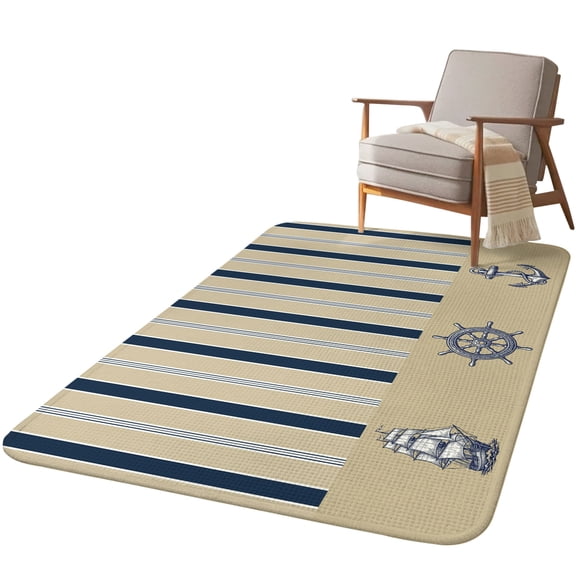 5.25'x6.56' Area Rug for Living Room, Coastal Nautical Non Slip Soft Rugs for Bedroom Dining Room, Washable Low Pile Rugs Kitchen Nursery Floor Mat Throw Carpet Brown Navy Stripes Ocean Rudder Anchor