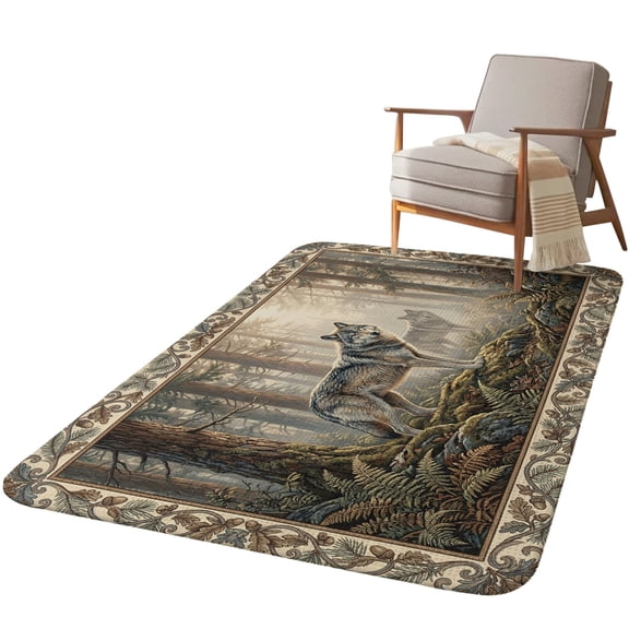 5.25'x6.56' Area Rug for Living Room, Country Wolf Non Slip Soft Rugs for Bedroom Dining Room, Washable Low Pile Rugs Kitchen Nursery Floor Mat Throw Carpet Rustic Animals Trees Plants Forest Scenery