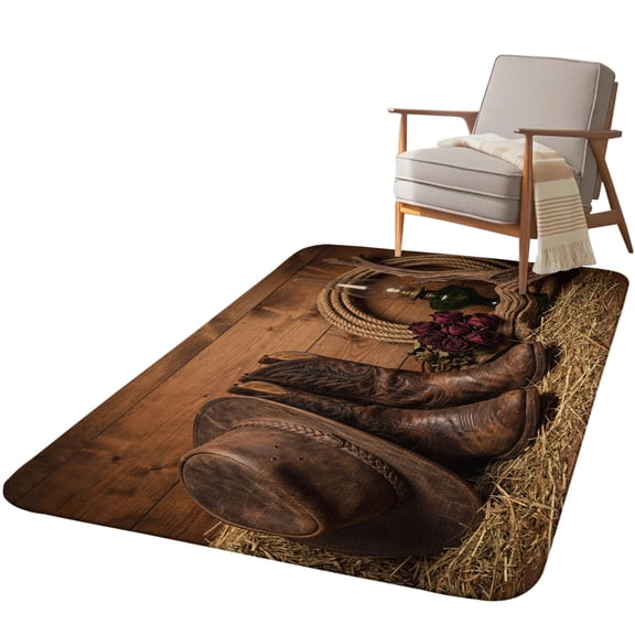 5.25'x6.56' Area Rug for Living Room, Cowboy Western Non Slip Soft Rugs for Bedroom Dining Room, Low Pile Rugs Kitchen Nursery Floor Mat Throw Carpet Cowboy Hats Boots Retro Rose Brown Wooden