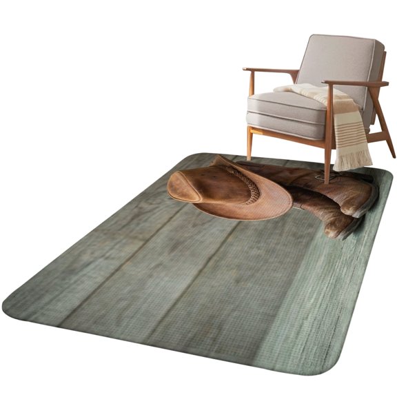 5.25'x6.56' Area Rug for Living Room, Cowboy Western Non Slip Soft Rugs for Bedroom Dining Room, Washable Low Pile Rugs Kitchen Nursery Floor Mat Throw Carpet Cowboy Hats Boots Grey Wooden Plank