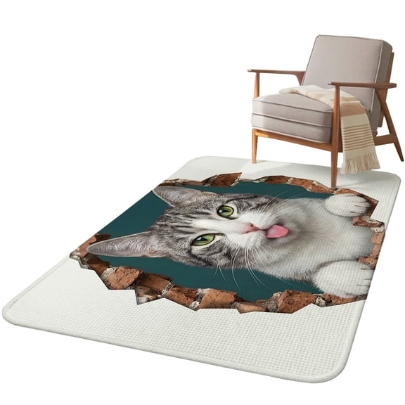 5.25'x6.56' Area Rug for Living Room, Cute Cat Broken Wall Non Slip Soft Rugs for Bedroom Dining Room, Washable Low Pile Rugs Kitchen Nursery Floor Mat Throw Carpet Vintage Funny Animal Grey