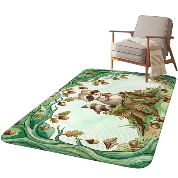 5.25'x6.56' Area Rug for Living Room, Cute Raccoon Forest Non Slip Soft Rugs for Bedroom Dining Room, Washable Low Pile Rugs Kitchen Nursery Floor Mat Throw Carpet Green Trees Cone Leaves Mushroom