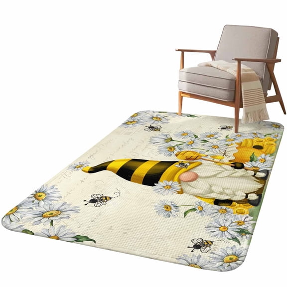 5.25'x6.56' Area Rug for Living Room, Daisy Floral Non Slip Soft Rugs for Bedroom Dining Room, Washable Low Pile Rugs Kitchen Nursery Floor Mat Throw Carpet Vintage Rustic Bee Gnomes Flowers