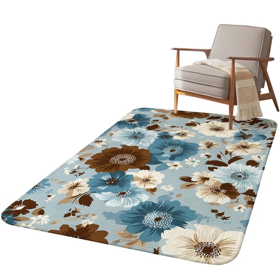 5.25'x6.56' Area Rug for Living Room, Farmhouse Floral Non Slip Soft Rugs for Bedroom Dining Room, Washable Low Pile Rugs Kitchen Floor Mat Throw Carpet White Blue Brown Flowers Pastoral Pants
