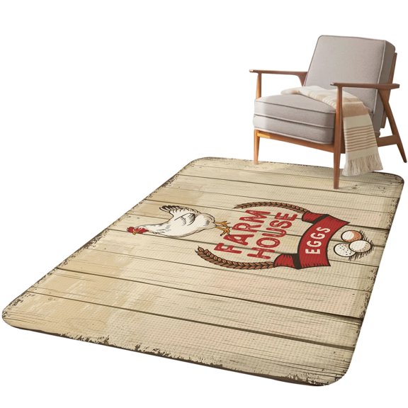 5.25'x6.56' Area Rug for Living Room, Farmhouse Hen Non Slip Soft Rugs for Bedroom Dining Room, Washable Low Pile Rugs Kitchen Nursery Floor Mat Throw Carpet Vintage Country Eggs Chicken Wooden