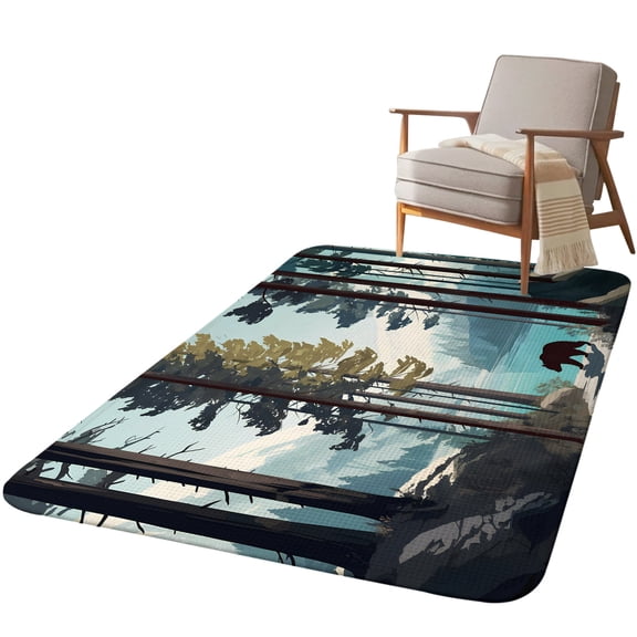 5.25'x6.56' Area Rug for Living Room, Forest Bear Cabin Non Slip Soft Rugs for Bedroom Dining Room, Washable Low Pile Rugs Kitchen Nursery Floor Mat Throw Carpet Lake Snow Mountain Trees