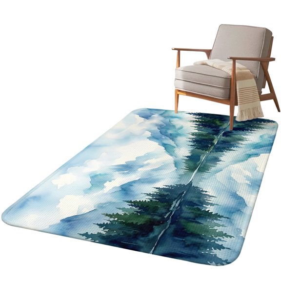 5.25'x6.56' Area Rug for Living Room, Forest Mountain Non Slip Soft Rugs for Bedroom Dining Room, Washable Low Pile Rugs Kitchen Nursery Floor Mat Throw Carpet Watercolor Natural Trees Lake Landscape