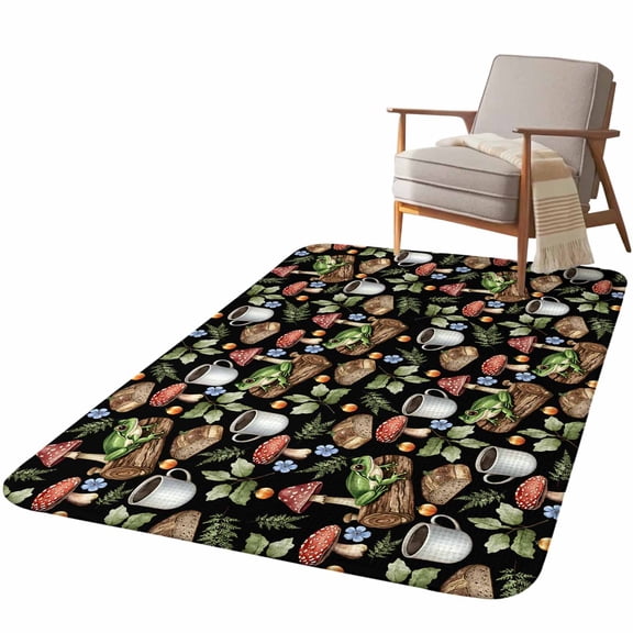 5.25'x6.56' Area Rug for Living Room, Frog Mushroom Non Slip Soft Rugs for Bedroom Dining Room, Washable Low Pile Rugs Kitchen Nursery Floor Mat Throw Carpet Red Brown Coffee Plant Black Idyllic