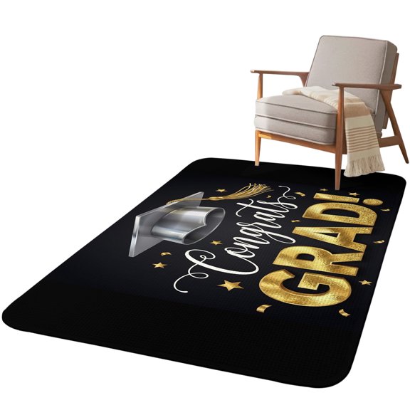 5.25'x6.56' Area Rug for Living Room, Graduation Non Slip Soft Rugs for Bedroom Dining Room, Washable Low Pile Rugs Kitchen Nursery Floor Mat Throw Carpet School Grad Gold Stars Black