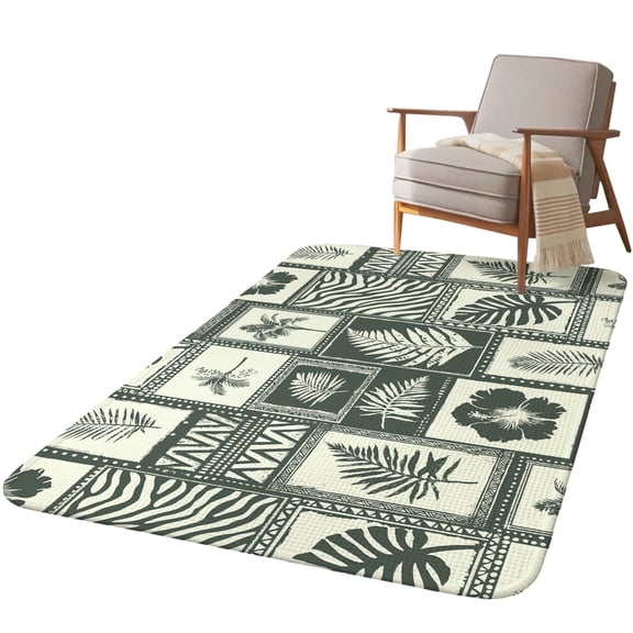 5.25'x6.56' Area Rug for Living Room, Green Palm Leaves Non Slip Soft Rugs for Bedroom Dining Room, Washable Low Pile Rugs Kitchen Floor Mat Throw Carpet Retro Tropical Monstera Leaf Floral Grid