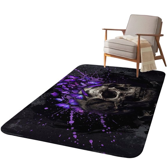 5.25'x6.56' Area Rug for Living Room, Horror Human Skull Non Slip Soft Rugs for Bedroom Dining Room, Washable Low Pile Rugs Kitchen Floor Mat Throw Carpet Scary Purple Butterfly Skeleton Black