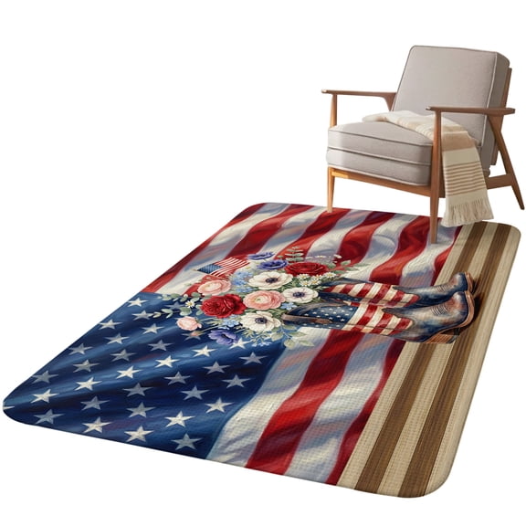 5.25'x6.56' Area Rug for Living Room, Independence Day Non Slip Soft Rugs for Bedroom Dining Room, Washable Low Pile Rugs Kitchen Nursery Floor Mat Throw Carpet Patriotic American Flag Boots Flowers