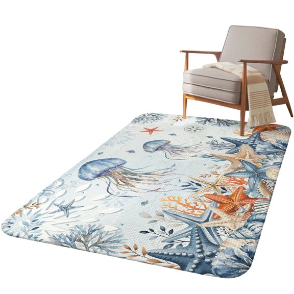 5.25'x6.56' Area Rug for Living Room, Jellyfish Coastal Non Slip Soft Rugs for Bedroom Dining Room, Washable Low Pile Rugs Kitchen Floor Mat Throw Carpet Summer Beach Coral Starfish Blue Ombre