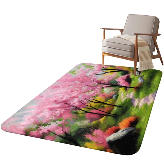 5.25'x6.56' Area Rug for Living Room, Nature Pink Green Non Slip Soft Rugs for Bedroom Dining Room, Low Pile Rugs Kitchen Nursery Floor Mat Throw Carpet Spring Country Oil Painting Flower Tree