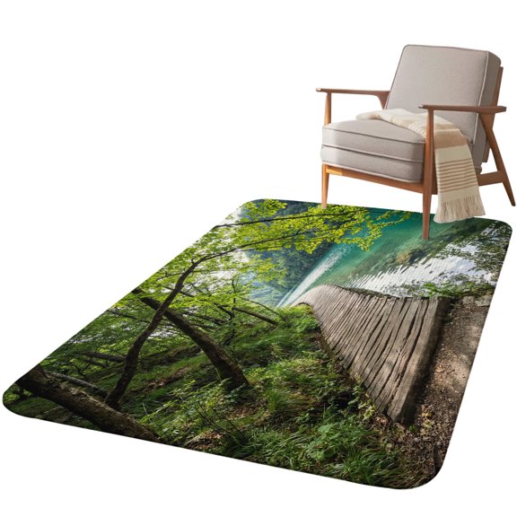 5.25'x6.56' Area Rug for Living Room, Nature Scenery Non Slip Soft Rugs for Bedroom Dining Room, Washable Low Pile Rugs Kitchen Nursery Floor Mat Throw Carpet Forest Walkway Lake Trees Spring View