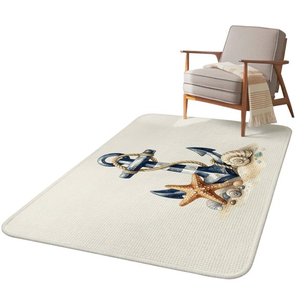 5.25'x6.56' Area Rug for Living Room, Nautical Anchor Non Slip Soft Rugs for Bedroom Dining Room, Washable Low Pile Rugs Kitchen Floor Mat Throw Carpet Coastal Starfish Conch Blue White Stripes