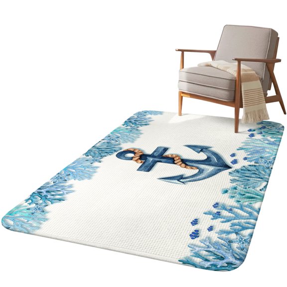 5.25'x6.56' Area Rug for Living Room, Nautical Anchor Non Slip Soft Rugs for Bedroom Dining Room, Washable Low Pile Rugs Kitchen Nursery Floor Mat Throw Carpet Summer Coastal Coral Starfish Fish Blue