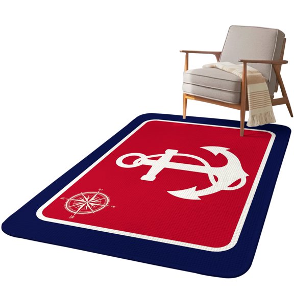 5.25'x6.56' Area Rug for Living Room, Nautical Anchor Non Slip Soft Rugs for Bedroom Dining Room, Washable Low Pile Rugs Kitchen Nursery Floor Mat Throw Carpet Blue Red Coastal Ocean Beach Compass
