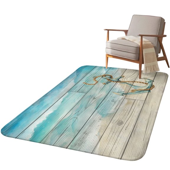 5.25'x6.56' Area Rug for Living Room, Nautical Anchor Non Slip Soft Rugs for Bedroom Dining Room, Washable Low Pile Rugs Kitchen Nursery Floor Mat Throw Carpet Blue Coastal Ocean Beach Wooden Grain