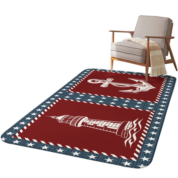5.25'x6.56' Area Rug for Living Room, Nautical Coastal Non Slip Soft Rugs for Bedroom Dining Room, Washable Low Pile Rugs Kitchen Floor Mat Throw Carpet Blue Red Lighthouse Sailing Anchor Rudder