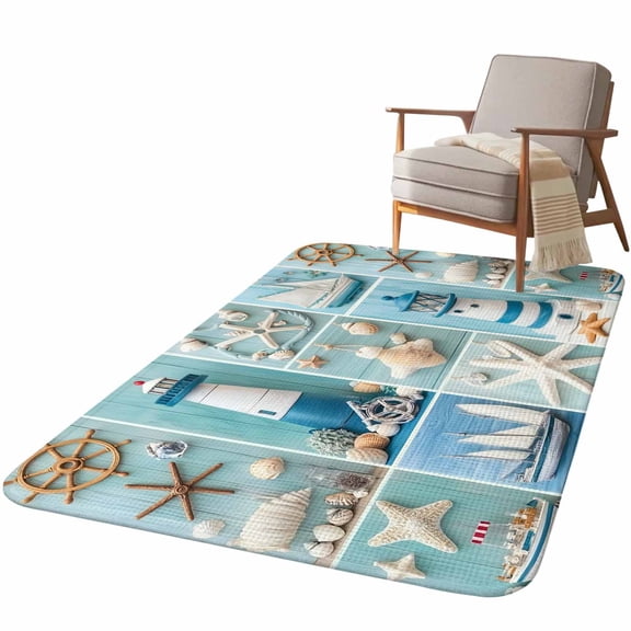 5.25'x6.56' Area Rug for Living Room, Nautical Lighthouse Non Slip Soft Rugs for Bedroom Dining Room, Low Pile Rugs Kitchen Nursery Floor Mat Throw Carpet Ocean Starfish Anchor Sailboat Shell