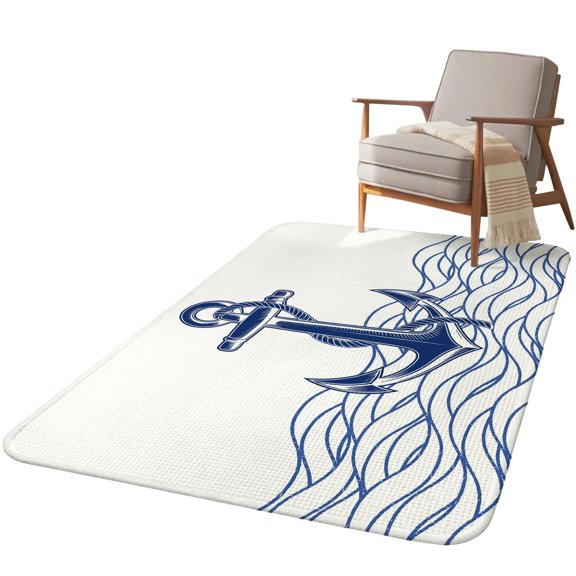 5.25'x6.56' Area Rug for Living Room, Navy Blue Anchor Non Slip Soft Rugs for Bedroom Dining Room, Washable Low Pile Rugs Kitchen Nursery Floor Mat Throw Carpet Summer Nautical Coastal Ocean Wave