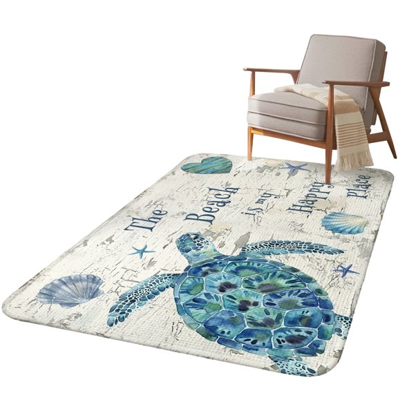5.25'x6.56' Area Rug for Living Room, Ocean Beach Non Slip Soft Rugs for Bedroom Dining Room, Washable Low Pile Rugs Kitchen Nursery Floor Mat Throw Carpet Summer Sea Turtle Coral Shells Wooden Beige