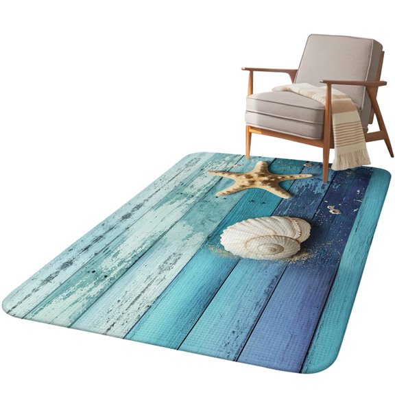 5.25'x6.56' Area Rug for Living Room, Ocean Starfish Non Slip Soft Rugs for Bedroom Dining Room, Washable Low Pile Rugs Kitchen Floor Mat Throw Carpet Nautical Coastal Conch Wooden Board Ombre Blue